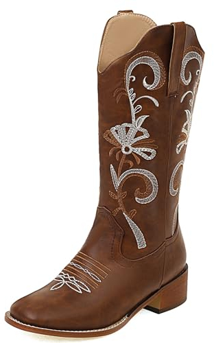 NeelyRisey Damen Bequeme Cowboystiefel Niedriger Absatz Westernstiefel Bestickt Cowgirl Stiefel Pull on Mid Calf Mexikanische Stiefel Braun 39