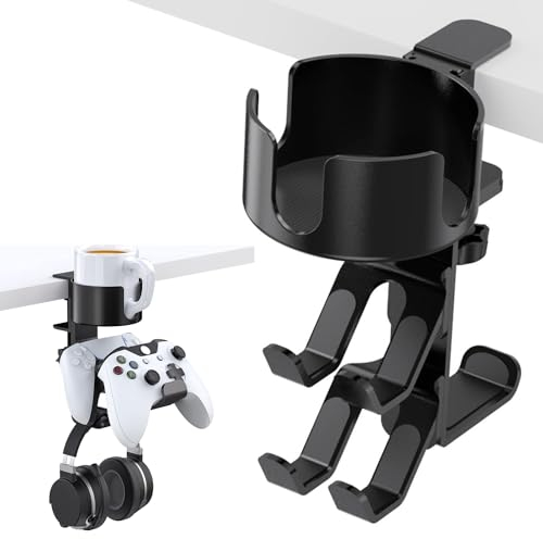 KWTOUL Support Casque Gamer Rotatif 3 en 1, Porte Manette & Gobelet Remplaçable, Bureau Rotatif pour Contrôleur Casque Tasse, Accessoires de Jeu (Noir)