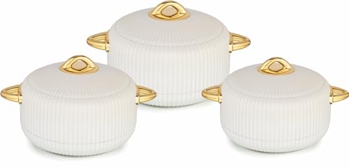 Sterling Ventures Rivoli Thick Insulated Thermal Food Container Casserole Hot Pot Set 3PC 1.8L/2.4L/3.2L (White with Plastic Lid)