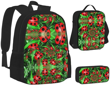 MLTRFGJ Red Ladybug bedrucktes 3-teiliges Rucksack-Set, kombiniert Rucksack, Federmäppchen und Lunchtasche, Schwarz , Einheitsgröße, Schulranzen