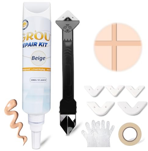 SZ-KARIDGE Fliesenfugen Reparatur Set, 500g Fugenversiegler für Fliesen Reparieren und Erneuern mit 3-in-1 Reparaturspachtel Wasserdichte Fugenfüller für Dusche Bad Küche Bodenfliese (Beige)