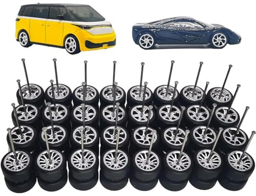 HiyyFloy 16 Set 1/64 Modellauto-gummiräder-Set, Miniatur-rollenschaft, Spielzeugrad, Runde Stangenachsen Für 1:64-modellautos, Zubehör