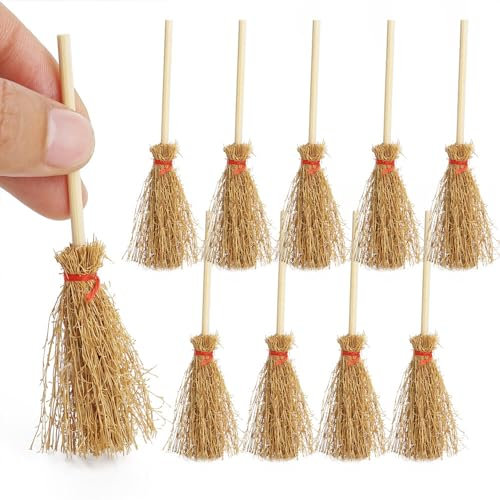 Odoria Puppenhaus Besen Wichtel Miniatur: 1/12 Maßstab Hexenbesen für Garten Fee - Mini Reisigbesen Holz Rustikal für Herbst Halloween 10 STK