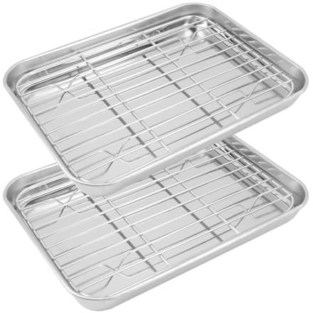 4 Set Baking Sheet With Rack - Stainless Steel Oven Tray for Roasting, Cookies, BBQ - Non-Stick, Dishwasher Safe Toaster Oven Pan With Cooling Rack