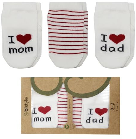 Baby Socken 0-3 Monate | Baumwolle Babysocken 0-3 Monate Socken mit Spruch I Love You Dad & Mom Neugeborenen Babyparty Geschenke zur Geburt(DE/NL/SE/PL, Alter, 0 Monate, 3 Monate, MOM and DAD)