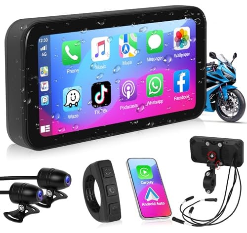 Podofo Autoradio Motorrad mit Wireless Carplay Android Auto, 5.5 Zoll Tragbares Autoradio mit IPS Bildschirm Bluetooth,SWC,FM-Übertragung