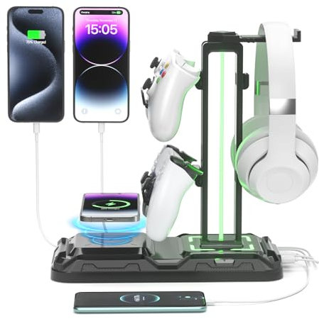 KDD Headphone Stand - Rotatable Controller Holder with Wireless Charging & 9 Light Modes, Gaming Headset Stand with 2 USB and Type C Ports - Controller Stand for Gamers Desktop Accessories (Black)