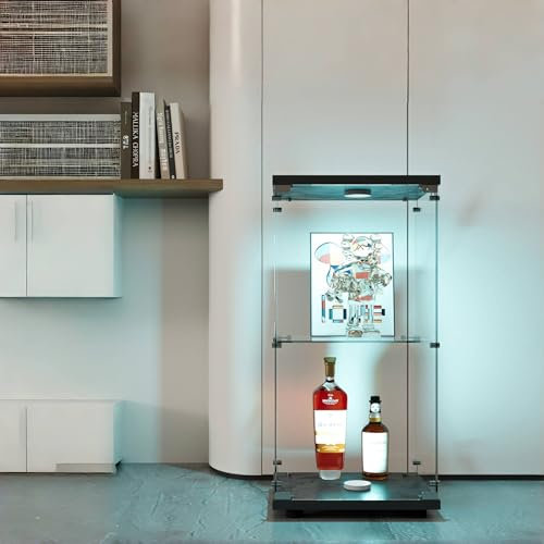 YLSZHYR Meuble Vitrine Verre, Vitrine en Verre pour Collection avec LED 86x40x36.5Cm Meuble Vitrine Salon Transparent Armoir De Verre Debout pour Salon (1 Porte 2 étages + lumière, Noir)