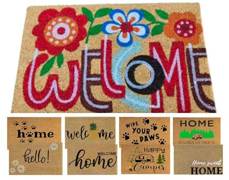 MYPURECORE Coir Door Mat (60x40cm) - Non-Slip & Absorbent, Indoor/Outdoor, Eco-Friendly - Ideal as Front Door, Entrance, Floor, Welcome Mat - Large Size, Dirt Trapper, Washable (WELCOME FLOWERS)