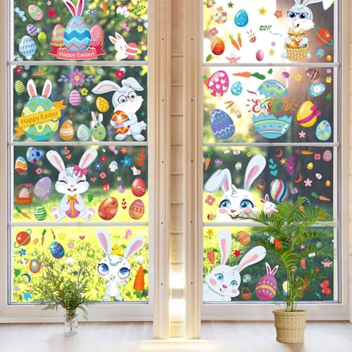 WD&CD Décorations de Pâques Fenetre Autocollants 9 Feuilles, Pâques Autocollants Oeufs Lapin Stickers DIY Autocollant Pâques pour Fenetre, Porte, Verre