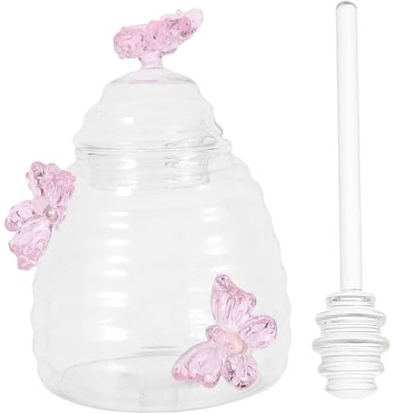 MOLUCKFU Honey Dispenser Jar with Butterfly Lid Glass Honey Pot Honey Storage Container Bee Theme Decor