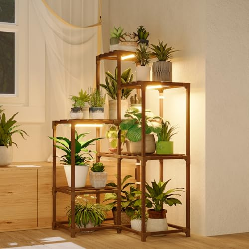 Bamworld Pflanzenständer mit Wachstumslicht für Zimmerpflanzen, Eckpflanzenregal mit Wachstumslichtern für Wohnzimmer, Terrasse, Dekor