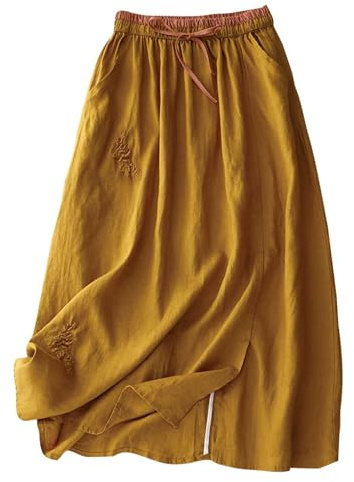 Flodxo Baumwoll-Leinen-Rock für Damen, Sommer, A-Linie, Maxi-Röcke, elastische Taille, Boho, lange Röcke, Y2K, Retro, Vintage-Stickerei, Tunika-Kleid, elegant, lässig, Büro, Arbeit, schwingende Röcke