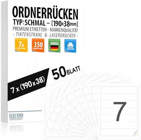 350 Stück Ordnerrücken-Aufkleber Beschreibbar 190 x 38 mm – selbstklebende Rückenschilder für schmale Ordner, matt weiß, ideal Schulordner, Etiketten, kompatibel mit Tinte- und Laserdruckern
