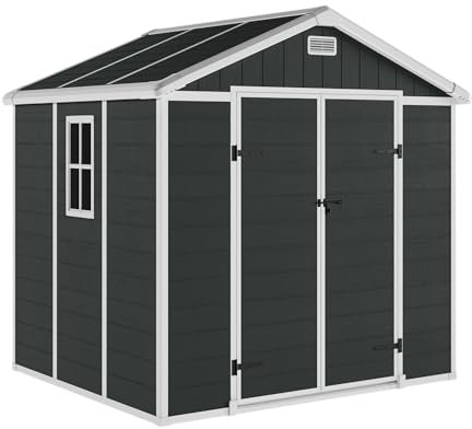 STEELSØN Novara Gerätehaus aus Kunststoff - Geräteschuppen wasserdicht, wetterbeständing - Gartenhaus Satteldach, Aluminiumrahmen - Gartengerätehalter in Anthrazit Außenmaß 230x200x226 cm