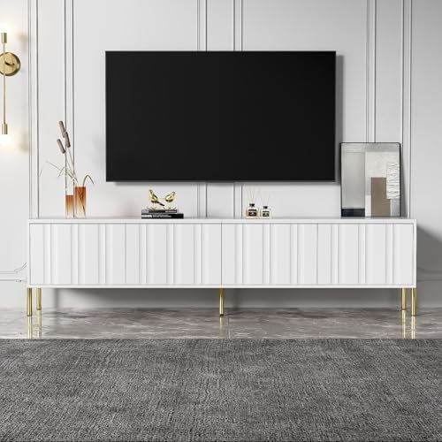 PUGSDRLY Meuble TV Bas avec 4 Portes et 8 Compartiments de Rangement,Meuble TV Design élégant et Moderne,Pieds dorés,190x38x48cm (Blanc)