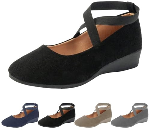UK Womens Low Wedge Ballerina Ankle Elastic Crossing Strap Round Toe Comfy Pump Shoes Comfy Dolly Shoes for Ladies Clearance