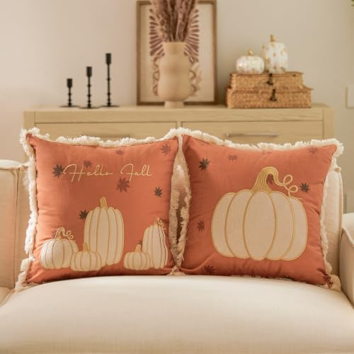 DN DECONATION Kissenbezug Kürbis Herbstdeko 45x45 2er Set Orange und Braun Kissenbezüge mit Quasten Deko Kissenhülle Kürbis Sofakissen für Wohnzimmer Schlafzimmer Halloween