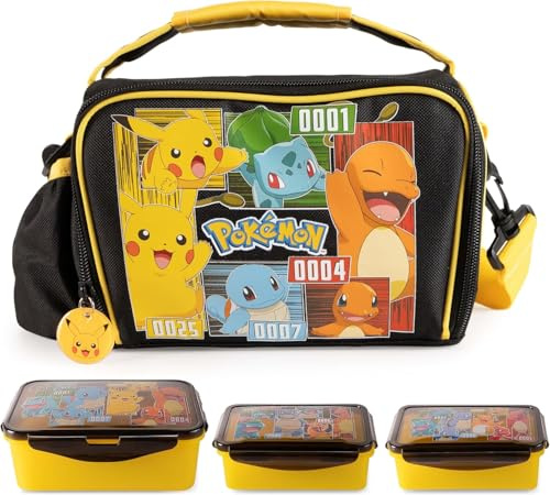 p:os Bolsa térmica infantil Pokemon, 1,7 L, con 3 fiambreras, amarilla | Bolsa nevera pequeña con tres fiambreras herméticas, portabotellas exterior y correa de hombro ajustable