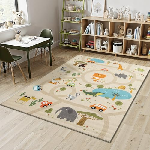 Mia´s Teppiche Joy Kids - Kinderzimmer, Kinderteppich, Spielteppich, Straßenteppich, Dschungel, Straße, Tiere, Beige, 200 x 290 cm