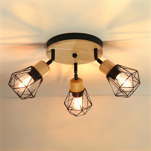 TOKIUS 3-flammig Deckenleuchte Vintage Industrial Deckenstrahler LED Deckenlampe E27 Lampe aus Eisen und Holz Schwarz Verstellbare Wandleuchte Deckenspots für Küche Wohnzimmer Schlafzimmer (Rondell)