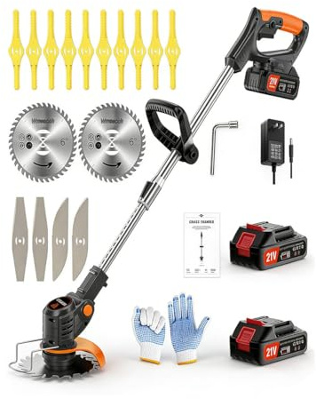 Wrneaoch Désherbeur électrique sans fil 21 V – Moteur de 650 W et batterie sans fil 6000 tr/min avec 2 batteries de 2,0 Ah, tondeuse puissante pour un entretien sans effort du jardin et de la pelouse