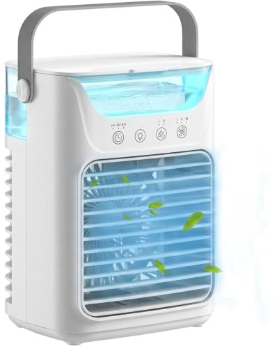 HOMCOM Portable Air Conditioner 4-in-1 Mini Air Cooler 3 Wind Speeds White | 2 Cool Mist, RGB 7 LED Light, 700ml Water Tank, 2-6H Timer, Small Cooling Fan, for Home, Office, Bedroom