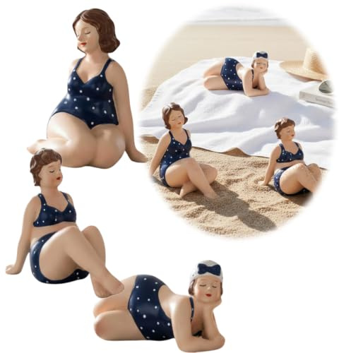 LS-LebenStil XL Deko Figuren Set 3X Badenixe Figur Molly Badefiguren | Maritim | Blau Weiß | dicke mollige Stranddamen | Rubensfigur Badeanzug Deko Objekt