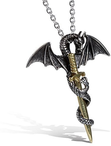 JewelryWe Schmuck Edelstahl Retro Punk Stil Drache eingewickelt um EIN Schwert Männer Anhänger mit Halskette, Biker Herren Kette, Gold Silber, mit Geschenk Tüte