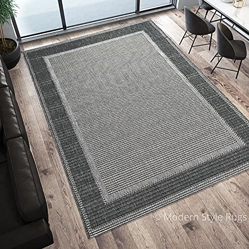 Modern Style Rugs Flatweave Border Design Very Hardwearing Weather Resistant Grey Area Rug. Available for both Indoor Outdoor Usage, Patio, Garden, Living Room, Dining Room Large Rug - 160x230 cm