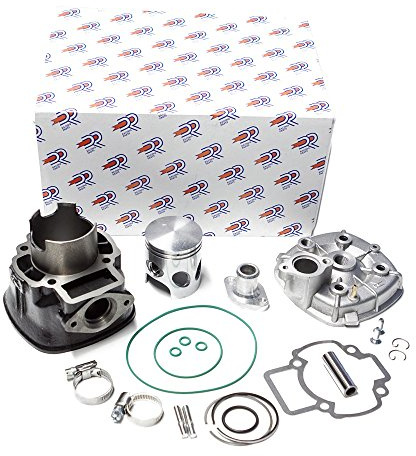 Zylinderkit DR Evolution 70cc für Piaggio LC (inkl. Adapterstück Wasseranschluss Neue für Piaggio Modelle, Langgewinde) | Langgewinde, Grauguss, 48mm Bohrung, 12mm Kolbenbolzen, 6 Überströmer; kompatibel mit Aprilia SR 50 2T, Gilera Runner 50