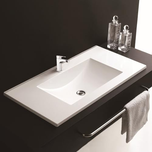 900mm White Ceramic Sink Bathroom Inset Basin Cloakroom Basin, Modern Overflow Wash Basinbowl with Single Tap Hole, Cabinet Mounted Basins Countertop Basin Vessel Sink