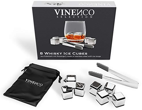 Whisky Steine Set - 8 Wiederverwendbare Edelstahl Eiswürfel, Zange + Stoffbeutel, Whiskey Ice Cubes Metall Kühlsteine Bar Zubehör Cocktail Rocks Gin Stones Dekorationszubehör Geschenk Whiskysteine
