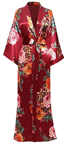 BABEYOND Women's Dressing Gown Long Satin Summer Robes, Floral Pattern Bathrobe Kimono, Cardigan Women's Long Robe Flowers Sleeping Gown Girl Pyjama Party