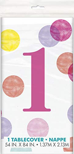 Pink Dots 1st Birthday Table Cover (137cm x 213cm) - Charming Rectangular Plastic Tablecloth - Perfect for Your Little's Celebrations - 1 Pc, 54 x 84