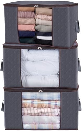 Lifewit 3 Stück 90L Große Aufbewahrungstasche Schrank Organizer Set, Faltbar Kleideraufbewahrung mit verstärkt Griff, stabilem Reißverschluss für Kleidung, Bettwäsche, Bettdecken, Steppdecke, Kissen