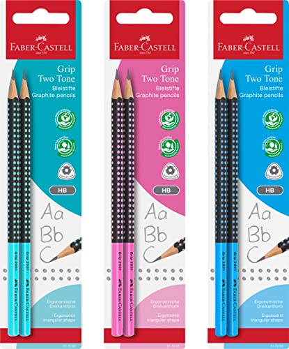 FABER-CASTELL 517093 - Bleistift Grip 2001 Two Tone, Härtegrad HB, zweifarbig, farbig sortiert (keine Auswahl möglich), 2 Stück im Blister
