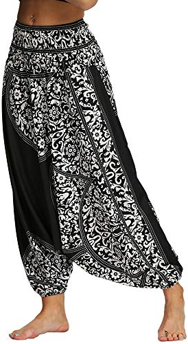 Nuofengkudu Mujer Pantalones Anchos Hippies Estampados Baggy Comodos Cintura Alta Tailandeses Yoga Pants Casual Playa Fiesta Verano (Negro Patrón C,Talla única