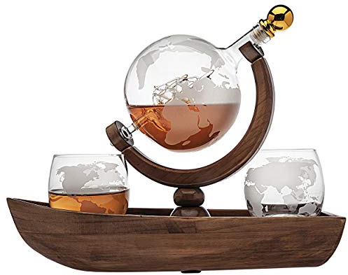 Godinger Whiskey Decanter Ship Globe Set with 2 World Whisky Glasses - for Liquor, Scotch, Bourbon, Vodka - 850ml
