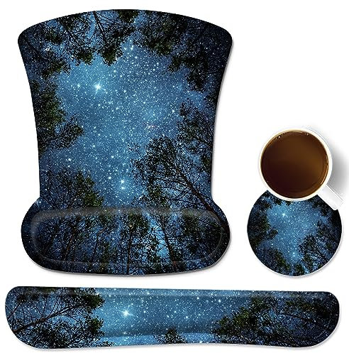 Ergonomic Mouse Pad with Wrist Support and Keyboard Wrist Rest Pad, iDonzon Cute Wrist Pad with Non-Slip Rubber Base and Raised Memory Foam, Easy Typing & Pain Relief, Forest Starry