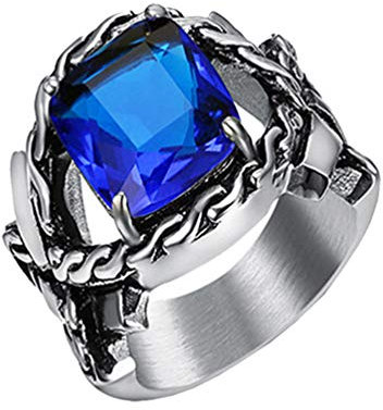 HIJONES Herren Gotisch Verknotet Axt Ring mit Groß Quadrat Blau Stein aus Edelstahl Größe 70