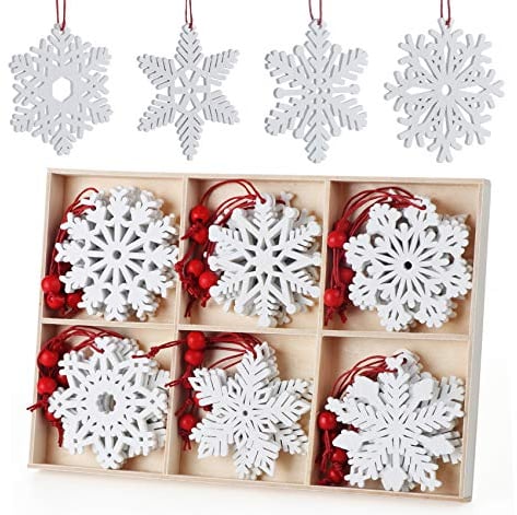 Anstore 30 Stück Christbaumschmuck Holz Schneeflocke Weihnachtsbaum Hängende Ornamente weiß Verzierung Holzscheiben (7cm)