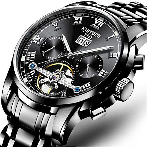 QZPM Tourbillon Mechanische Herrenuhren Edelstahl Wasserdicht Chronographen Multifunktion Analog Datum Kalender Business Uhren,Schwarz