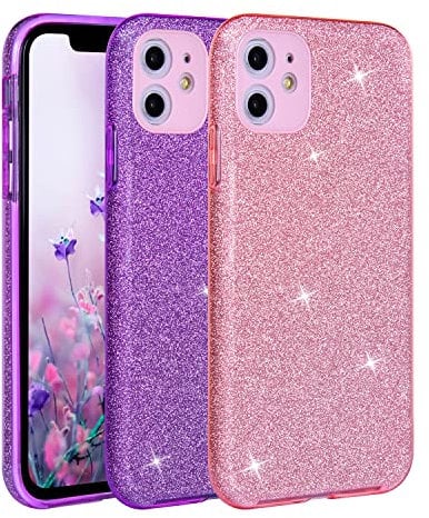 wisdompro 2 Pack Glitter Case for iPhone 11, Cute Bling Sparkly Shockproof Protective Case, Women Girls Phone Case Slim Cover for iPhone 11 (6.1 Inch) - Pink and Purple