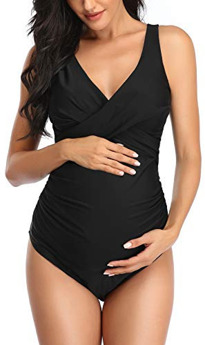 SUMMERSUNSHINE Maternity One Piece Swimwear Front Cross Pregnancy Swimsuit Bathing Suit Maternity Bikini, Black, S