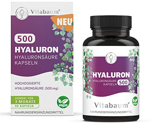 Vitabaum® Hyaluron Kapseln - Hochdosiert mit 500 mg Natriumhyaluronate - Hyaluronsäure für gesunde, strahlende Haut - 90 vegane Kapseln - 3 Monate Vorrat