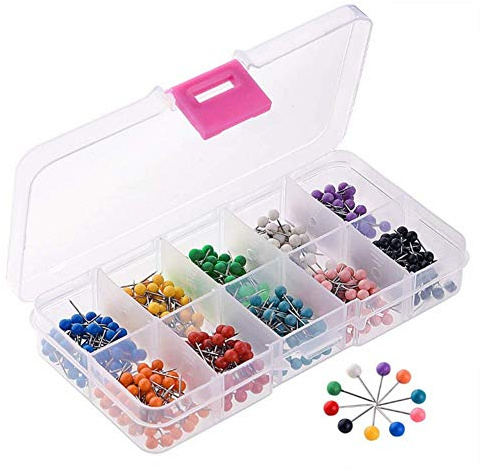 500 Stück Map Push Pins, 10 Farben Dekorative Map Tacks Kunststoff-Rundkopfstifte Karte Nagel für Markieren Reise-Routen Adressen, 0,15 x 0,6 Zoll
