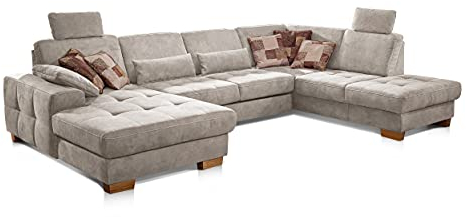 CAVADORE Wohnlandschaft Puccino mit Federkern, Sitztiefenverstellung und 2 Kopfstützen / Sofa in U-Form im Landhausstil / 340 x 86 x 224 cm / Mikrofaser Creme