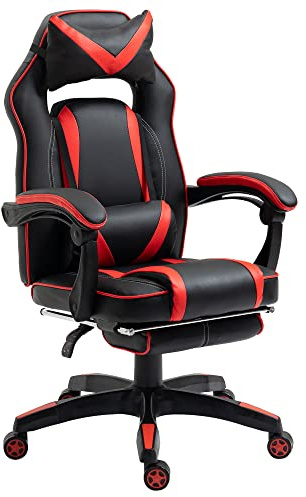 Vinsetto Gaming-Stuhl Bürostuhl Drehstuhl Chefsessel mit Fußstütze Rückenlehne Kissen verstellbar Kunstleder Rot+Schwarz 65x64x114-123,5 cm