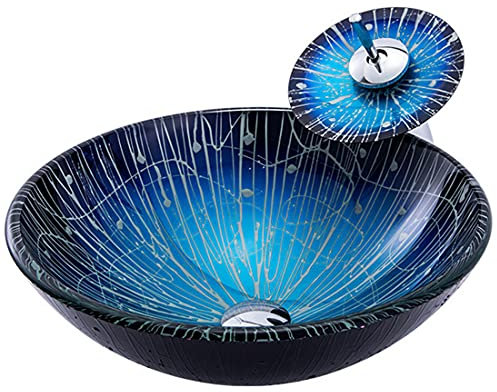 DRSM Lavabo Vasque en Verre Trempé, Lavabo Lave Mains Ronde Artistique Lavabo Vasque a Poser avec Ensemble De Drainage, Robinet Cascade